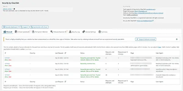 Firewall log tab. The log includes detailed info about each of visitor that reached the site and his firewall check status. Also show Traffic Control activity for the user.