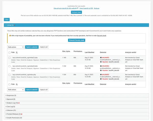 Malware scanner results – critical. There is a list of files that contains dangerous code or malware signatures.