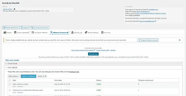 Malware scanner tab. Here you can scan all WordPress files for malicious and suspicious code and see the result.