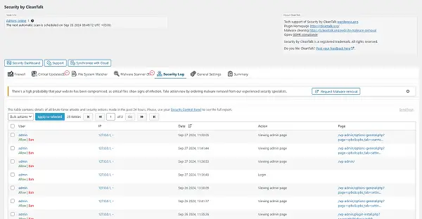 Security Log tab. The log includes list of Brute force attacks or failed logins and list of successful logins for up to 45 days. The plugin keeps the log on CleanTalk servers to make the log not accessible for hackers.